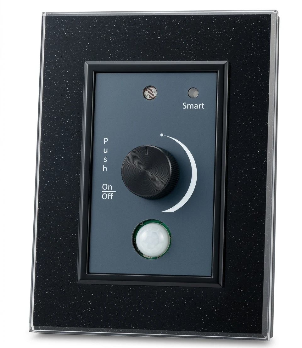 Tablet con interfaz de software SmartGlow controlando módulos de hardware para eficiencia energética y gestión de iluminación industrial.