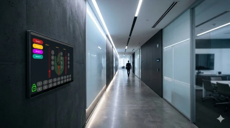 Interfaz digital de SmartGlow montada en pared de oficina moderna, mostrando controles de brillo circulares y métricas de consumo energético para gestión de eficiencia B2B.