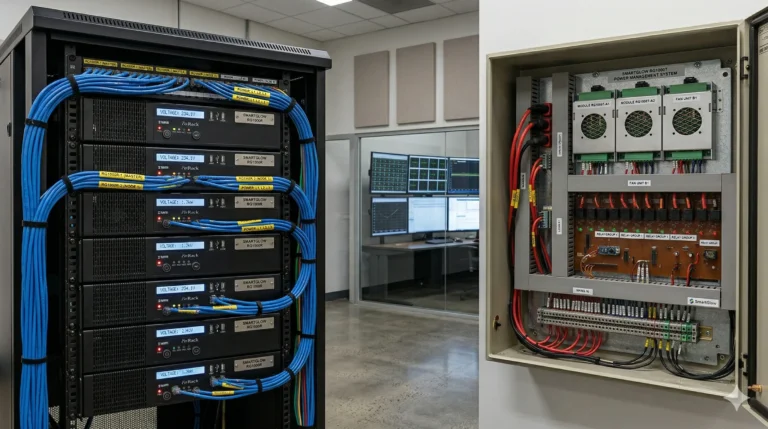 Salon de gestión de energía eléctrica usando para iluminación racks RG1000R y tableros RG1000T con dimmers incorporados