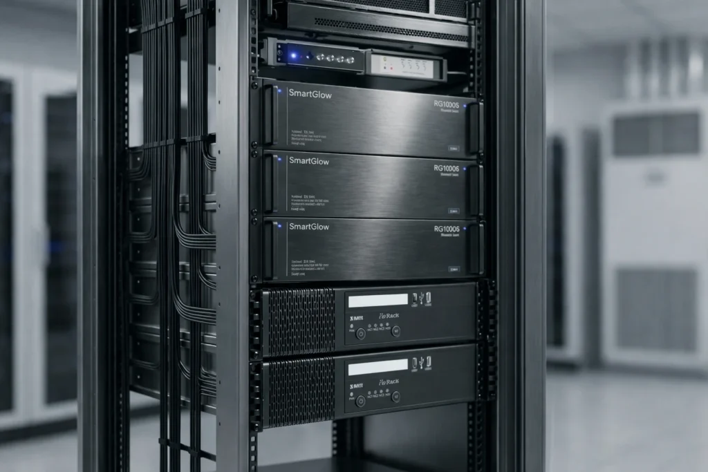 Módulos de dimmer digital serie RG1000R de SmartGlow instalados en un rack profesional, con cableado organizado y luces LED indicadoras de estado.