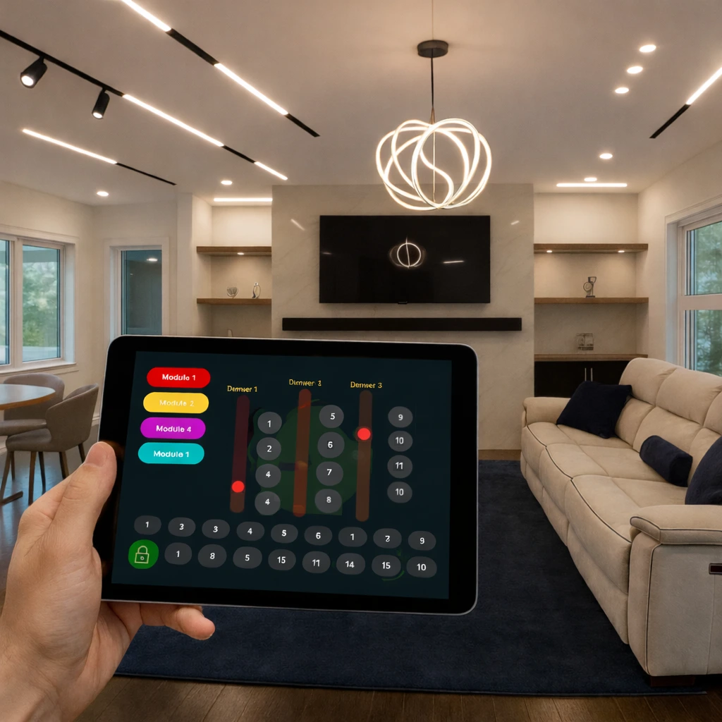 Salón de eventos de lujo con iluminación arquitectónica cálida controlada por el sistema SmartGlow, logrando una atmósfera sin parpadeo (flicker-free).