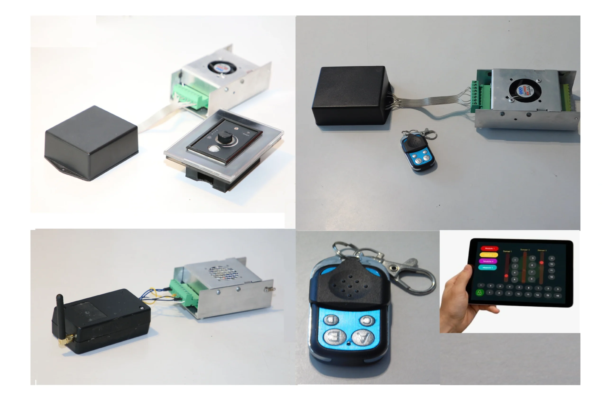 Tablet con interfaz de software SmartGlow controlando módulos de hardware para eficiencia energética y gestión de iluminación industrial.